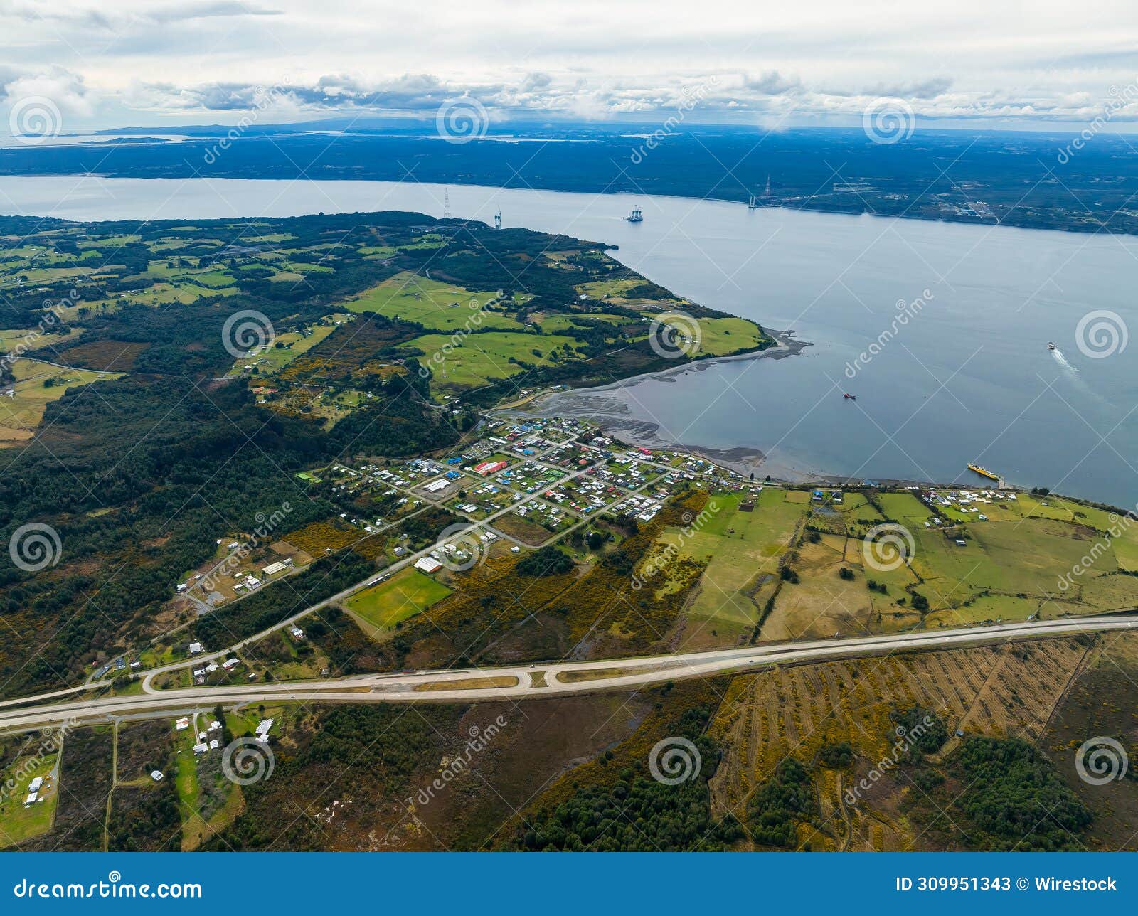 aerial view of chacao channel on chiloe island, chile