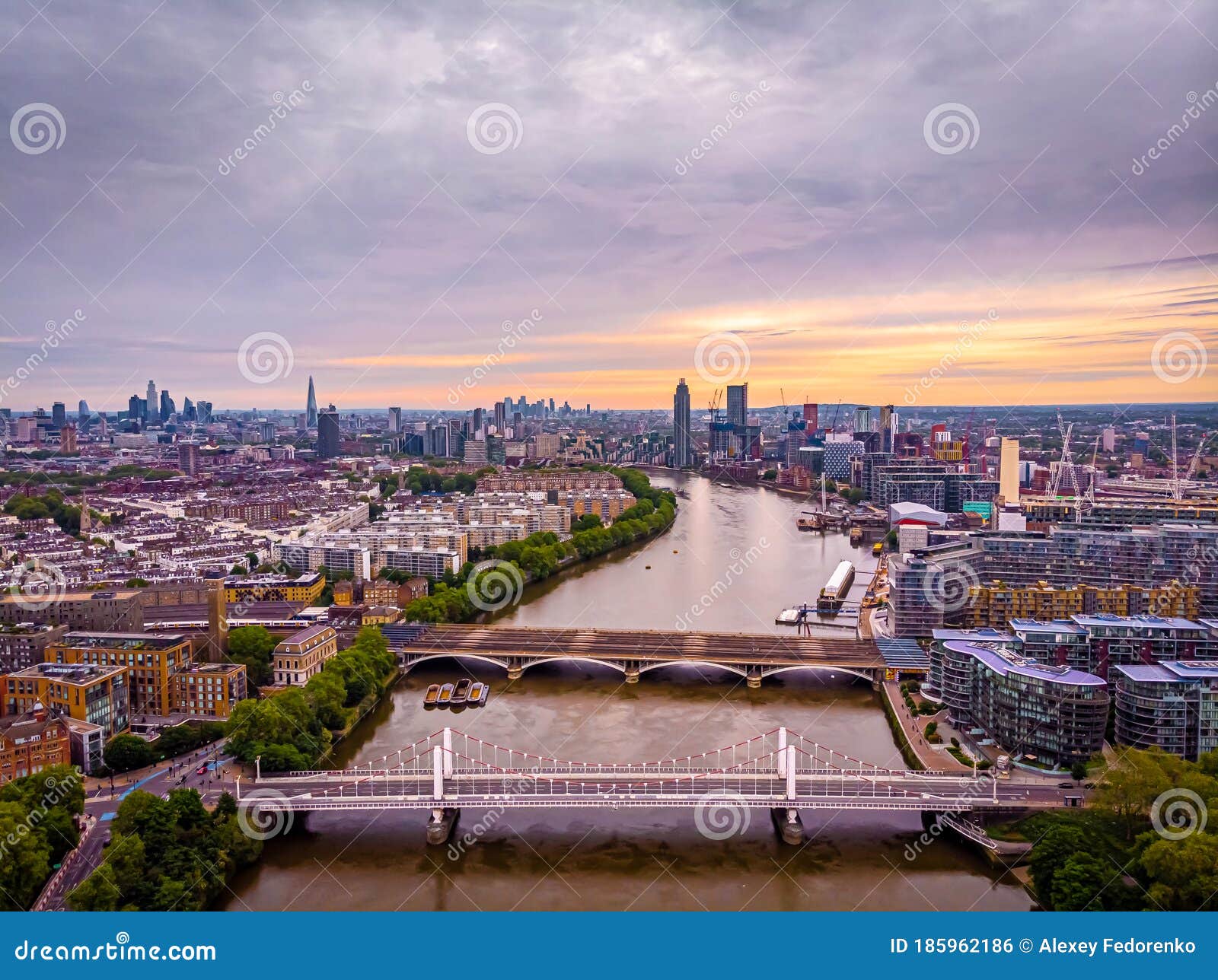 aerial view of chelsea bridge and central london, uk