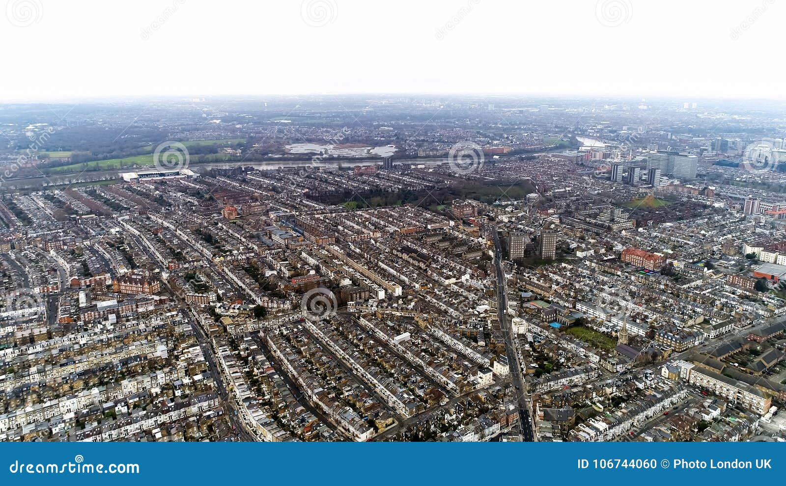 aerial view of chelsea, fulham, west kensington and parsons green in london