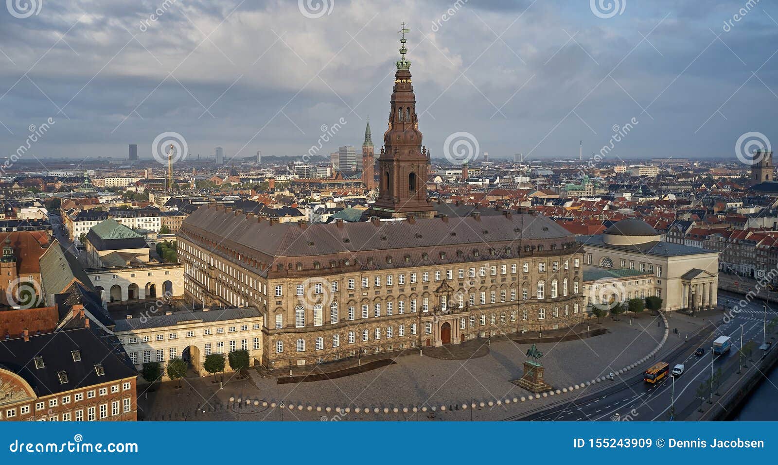 aerial view of christiansborg palace in morning sun, denmark