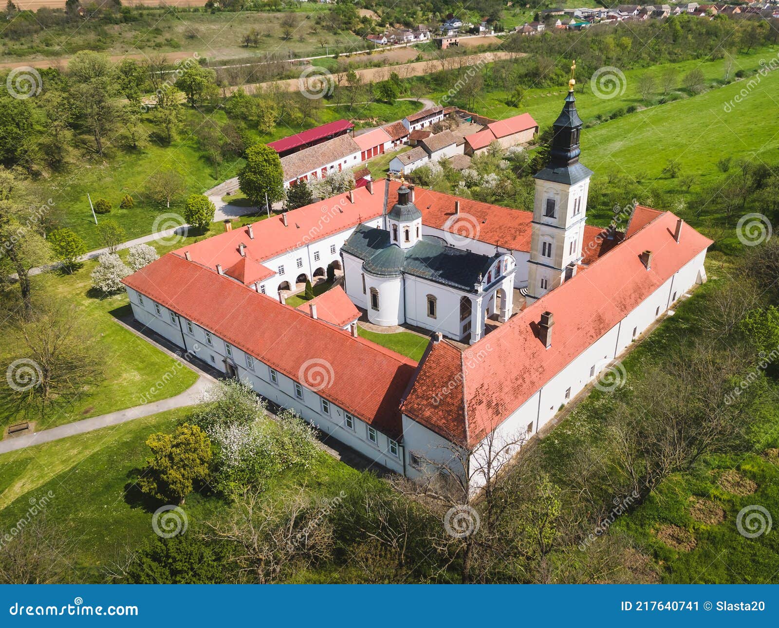 aerial view of church and monastery krusedol , serbia