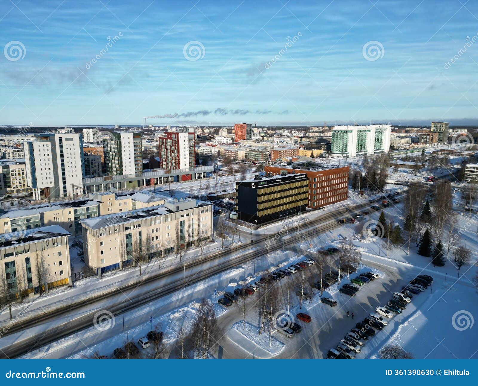 aerial view of city of oulu in a sunny winter day