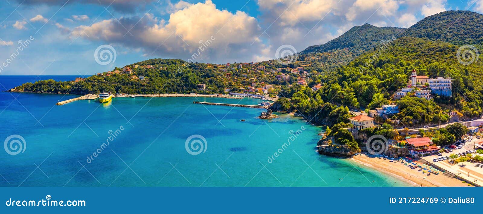 aerial view of city of poros, kefalonia island in greece. poros city in middle of the day. cephalonia or kefalonia island, ionian