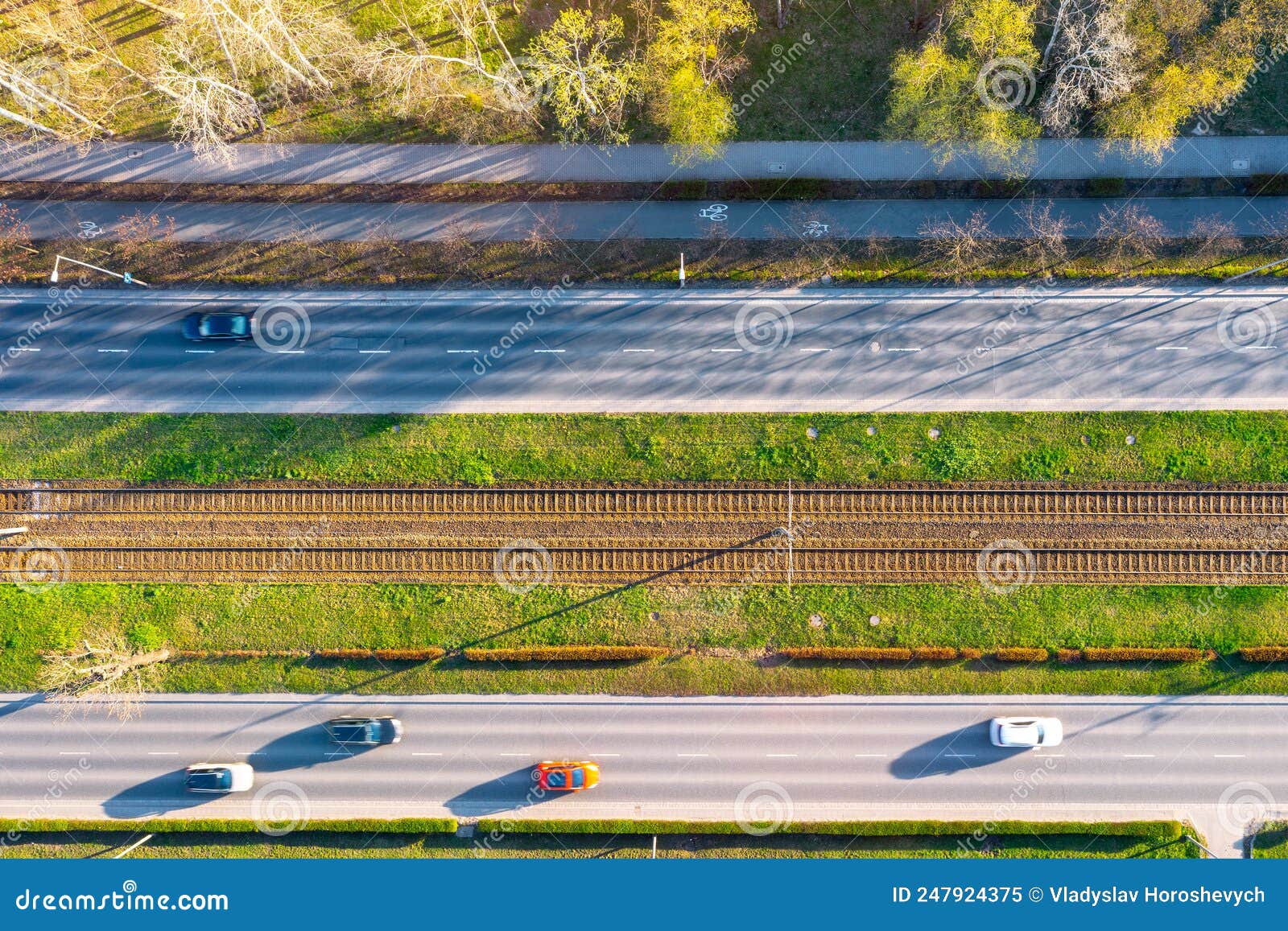 aerial view of city traffic, trams and cars in wroclaw city, poland