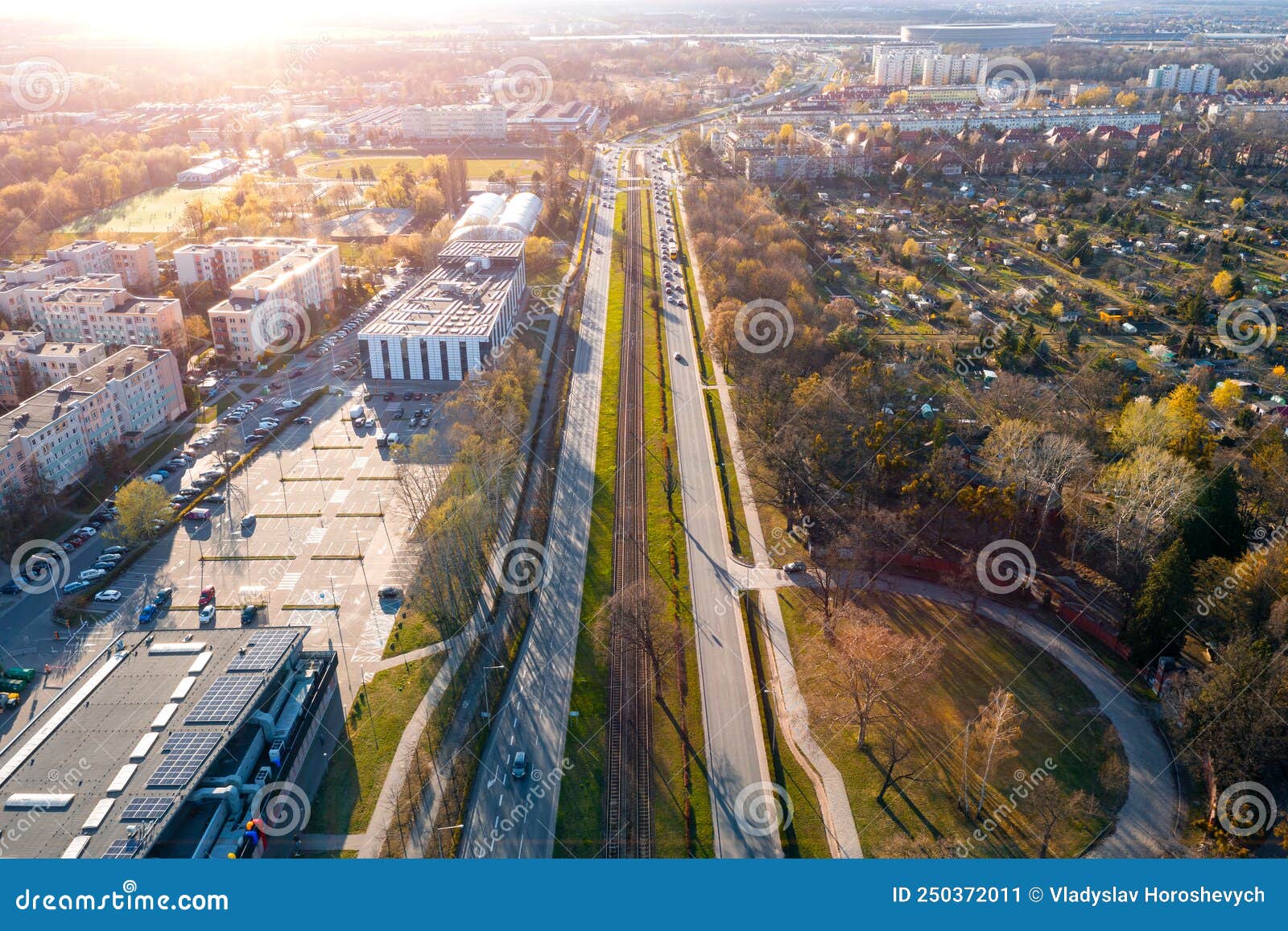 aerial view of city traffic, trams and cars in wroclaw city, poland