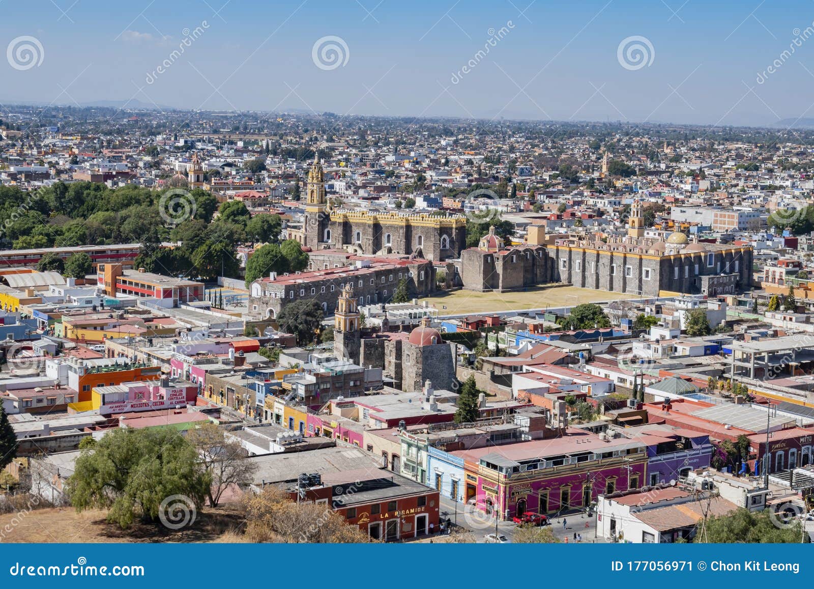 aerial view cityscape of cholula with capilla real o de naturales
