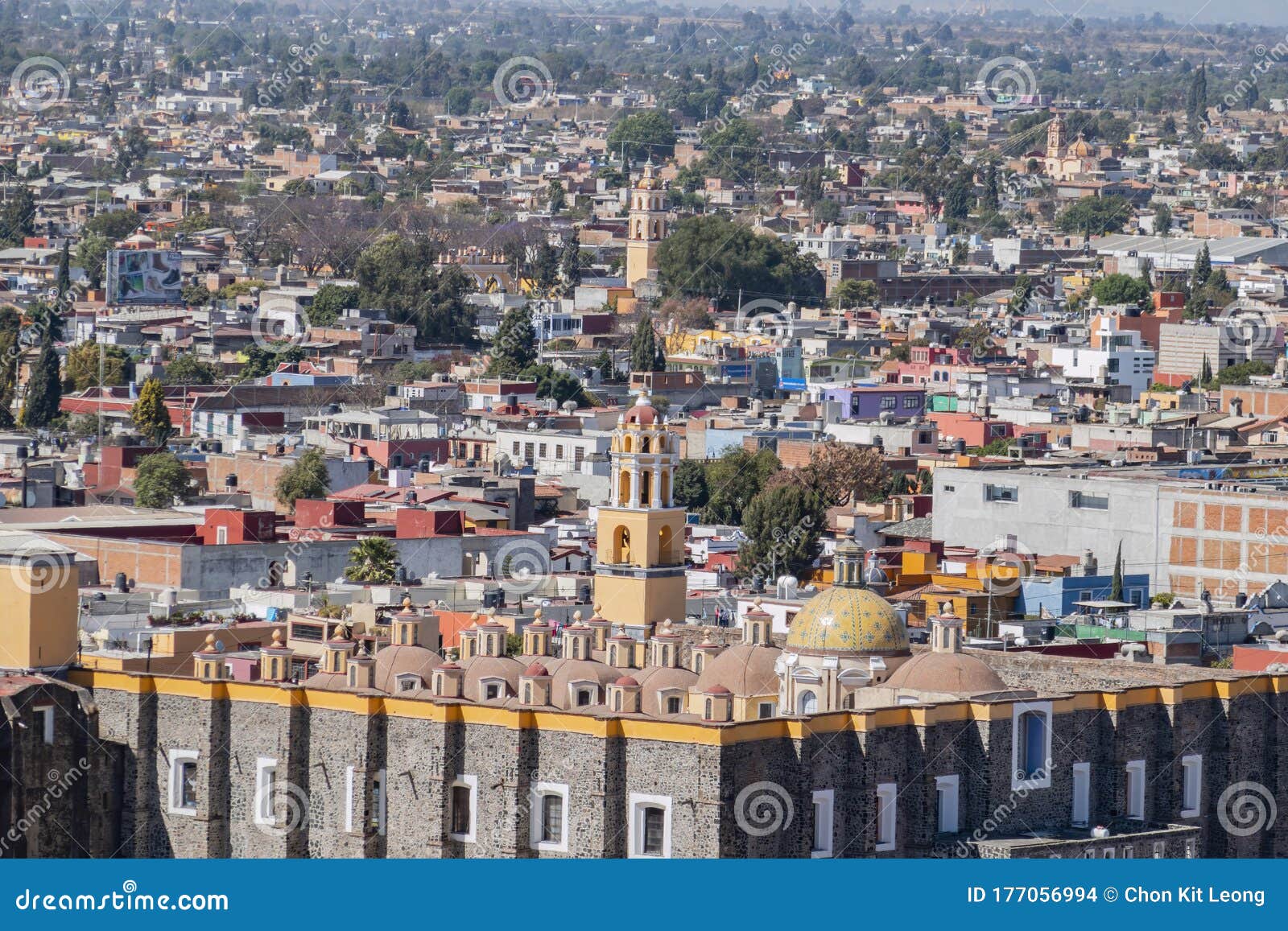 aerial view cityscape of cholula with capilla real o de naturales