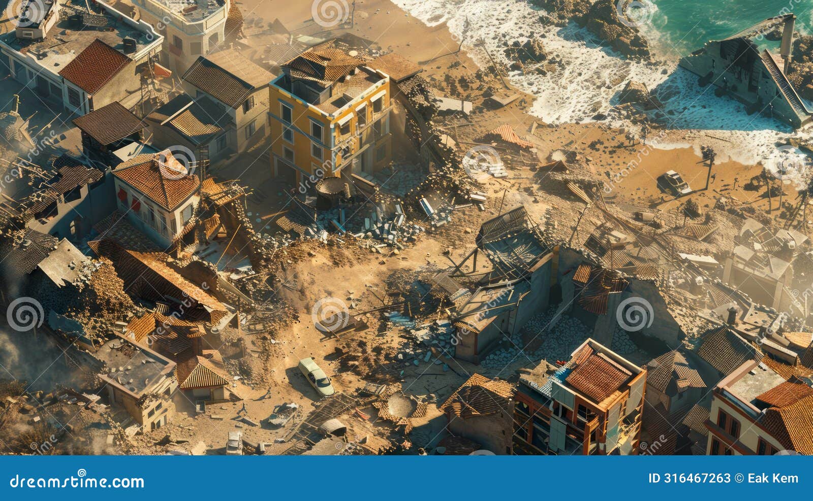 aerial view of coastal town devastation after natural disaster with collapsed buildings and debris