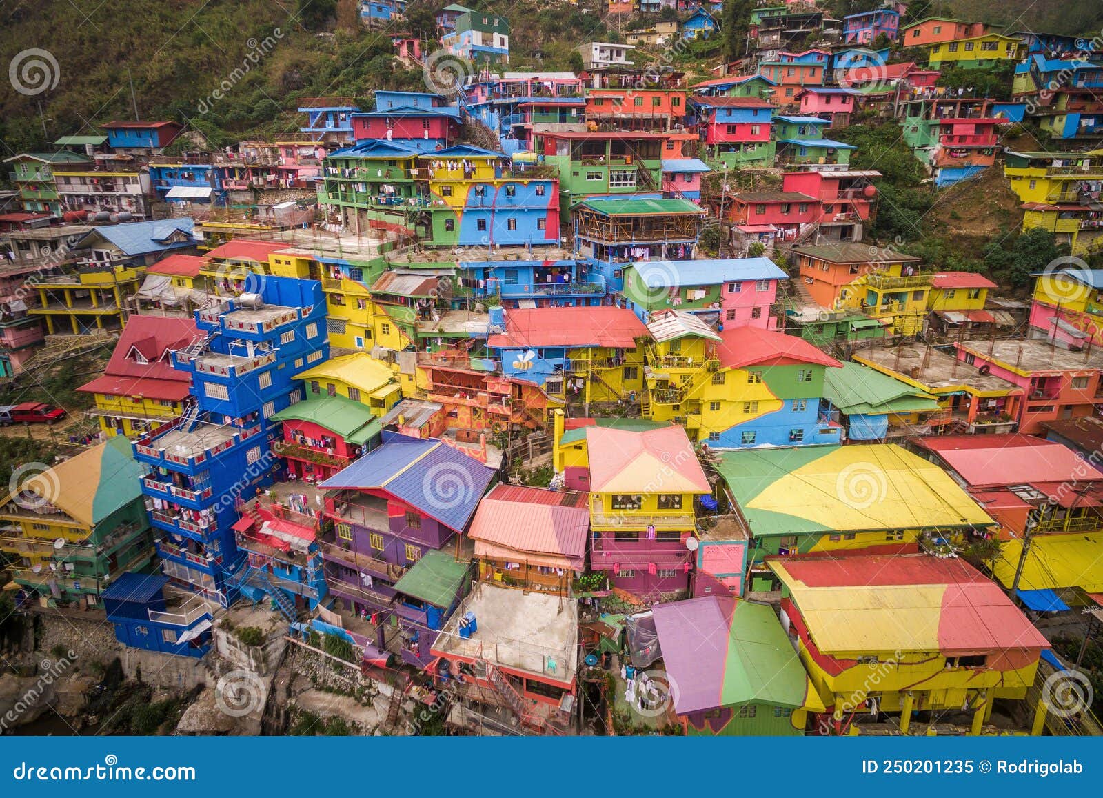 aerial view of the colourful stobosa hillside homes artwork in la trinidad, benguet, philippines