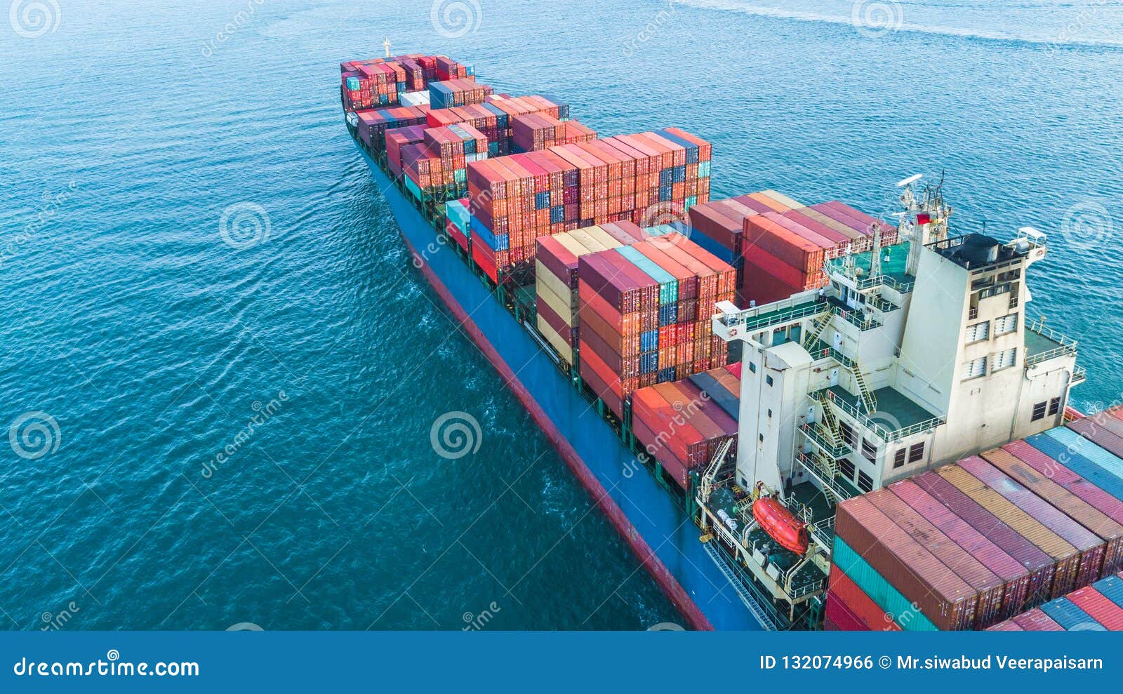 aerial view container cargo ship, business freight shipping international by container cargo ship in the open sea.