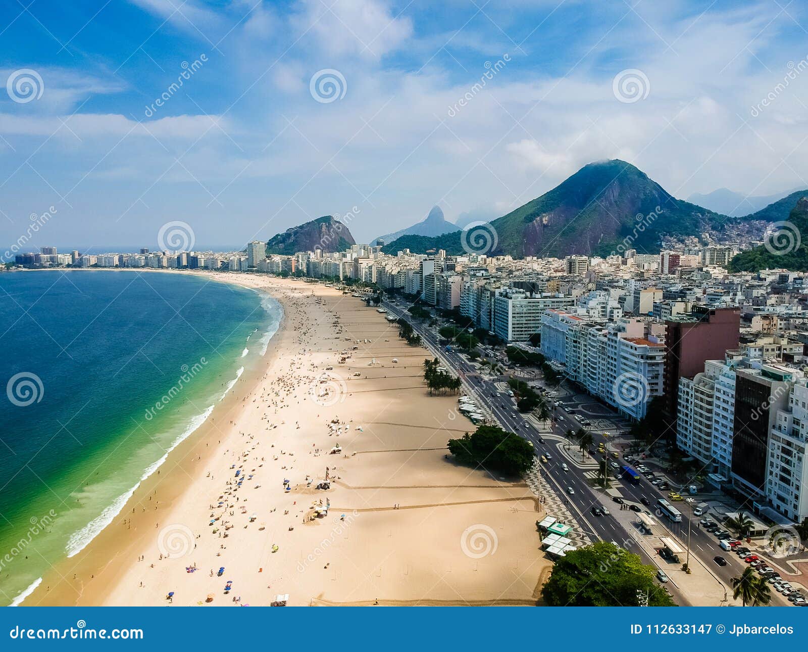 aerial view of copacabana beach during summer, sun with clouds