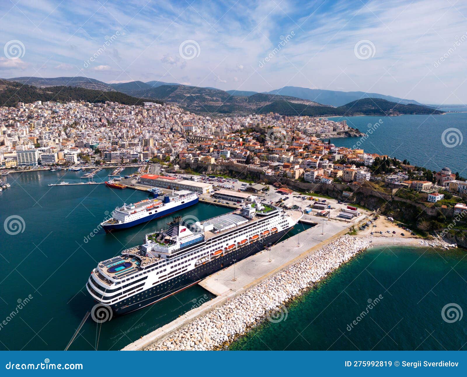 Aerial View Cruise Ship in Port of Kavala. Visitors Can Enjoy
