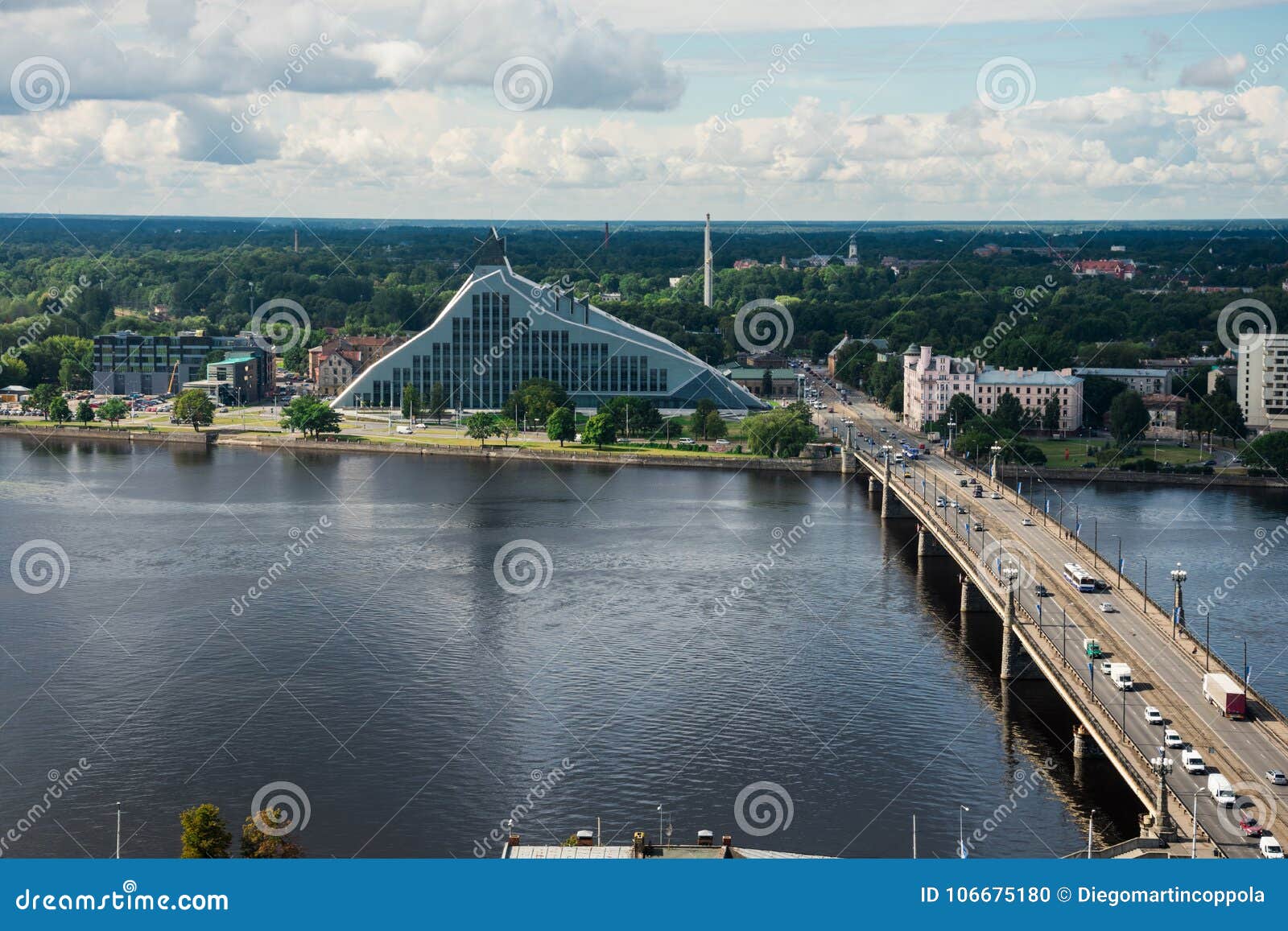 aerial view of daugava river and national library of latvia