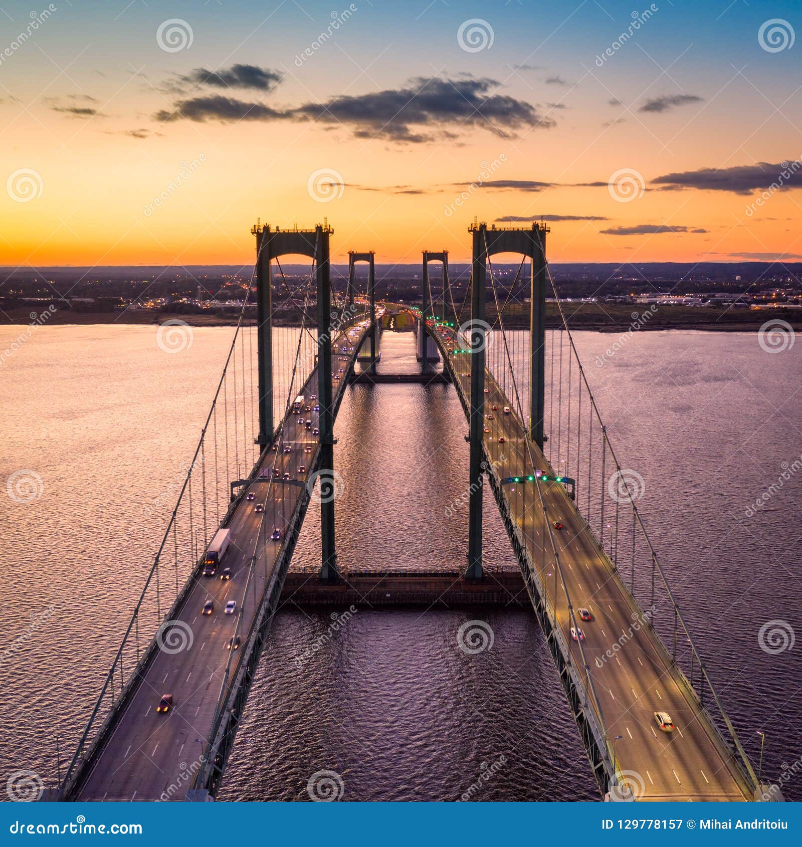 aerial view of delaware memorial bridge at dusk.