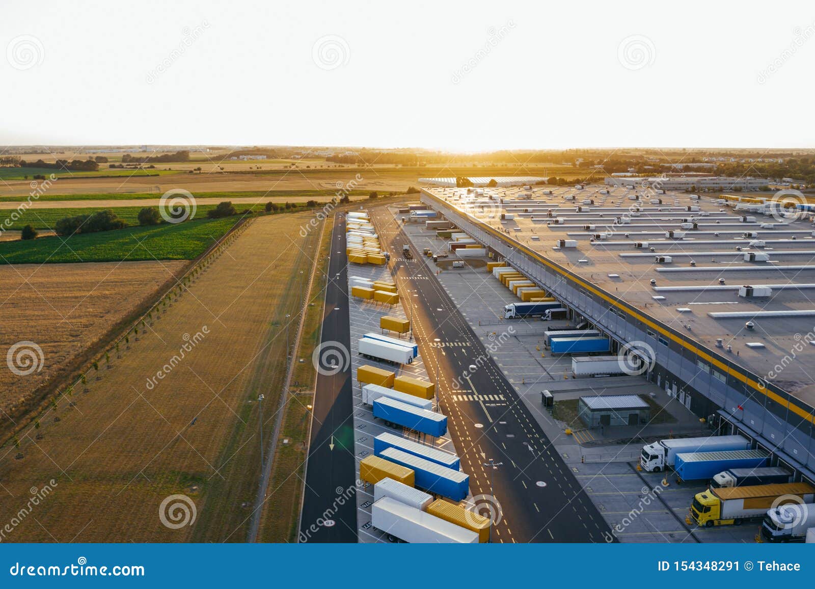 aerial view of the distribution center, drone photography of the industrial logistic zone.