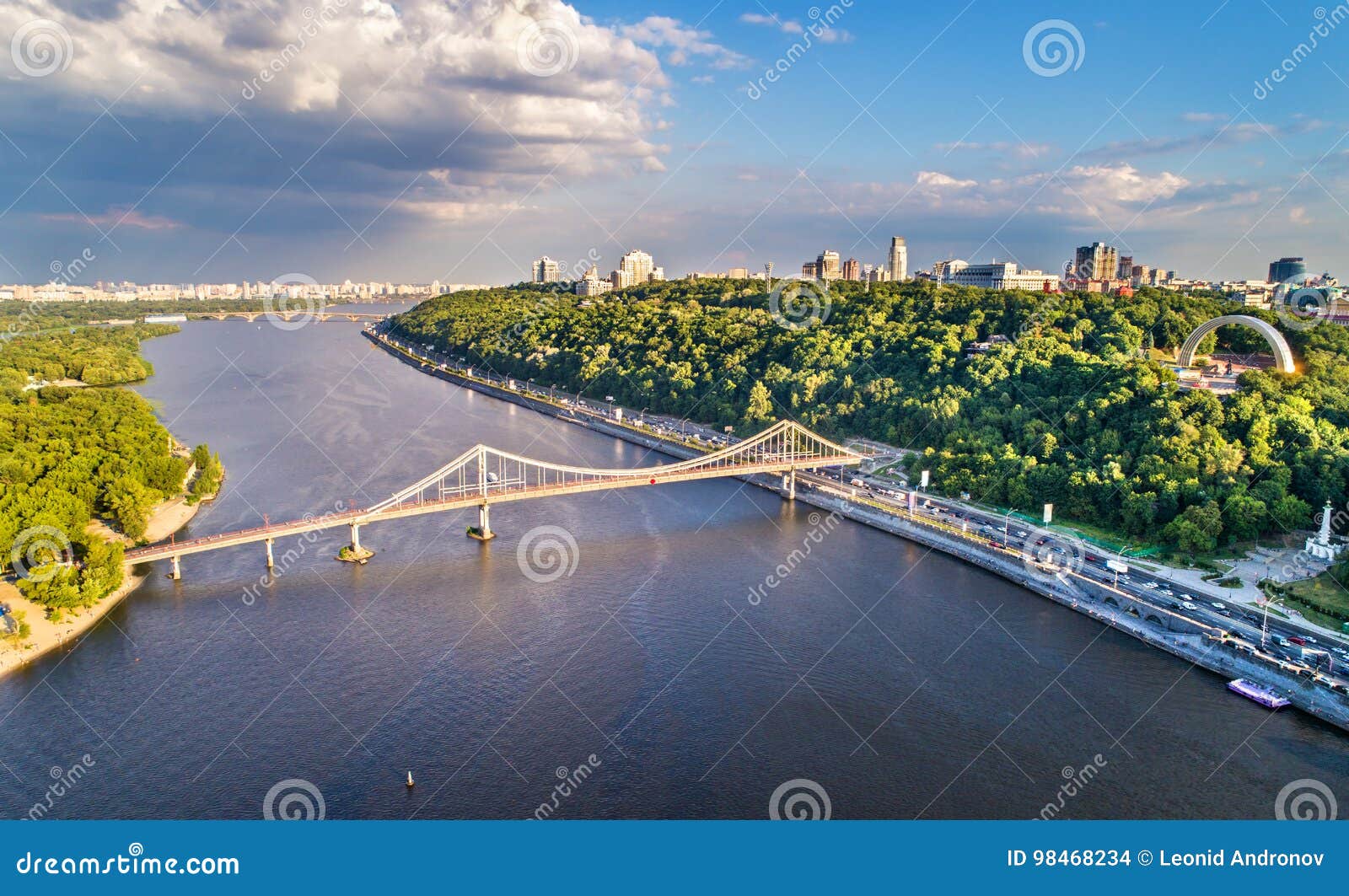 aerial view of the dnieper with the pedestrian bridge in kiev, ukraine