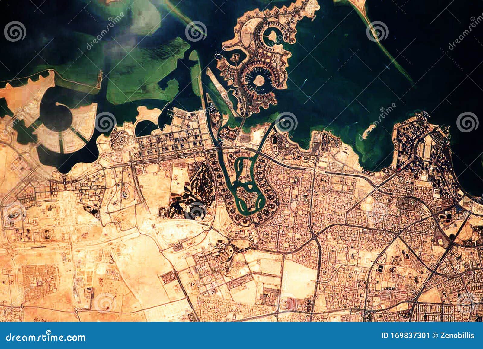 aerial view of doha, the capital and largest city of the arab state of qatar. satellite view
