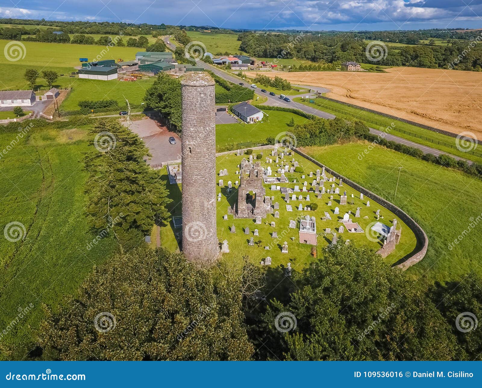 aerial view. donaghmore round tower. navan. co. meath. ireland