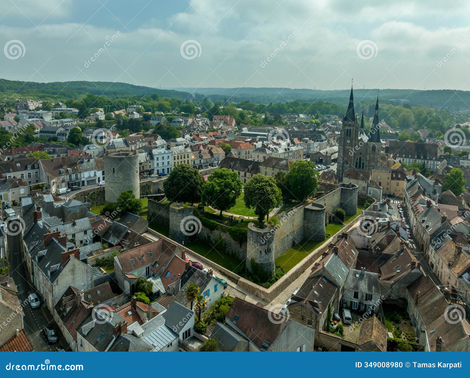 aerial view of dourdan castle and medieval town in france