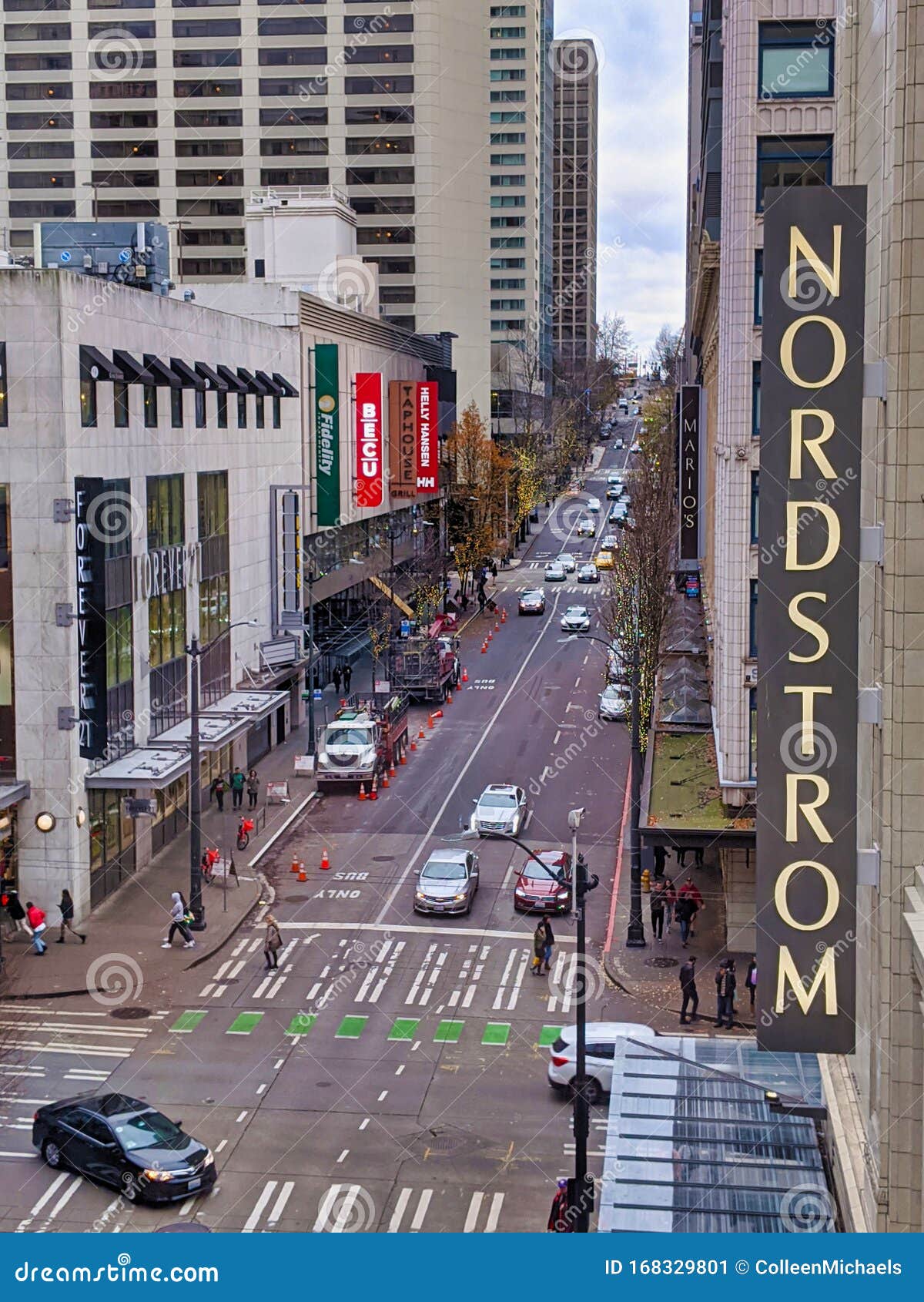 Aerial View of Downtown Shopping in Seattle, Featuring Forever 21