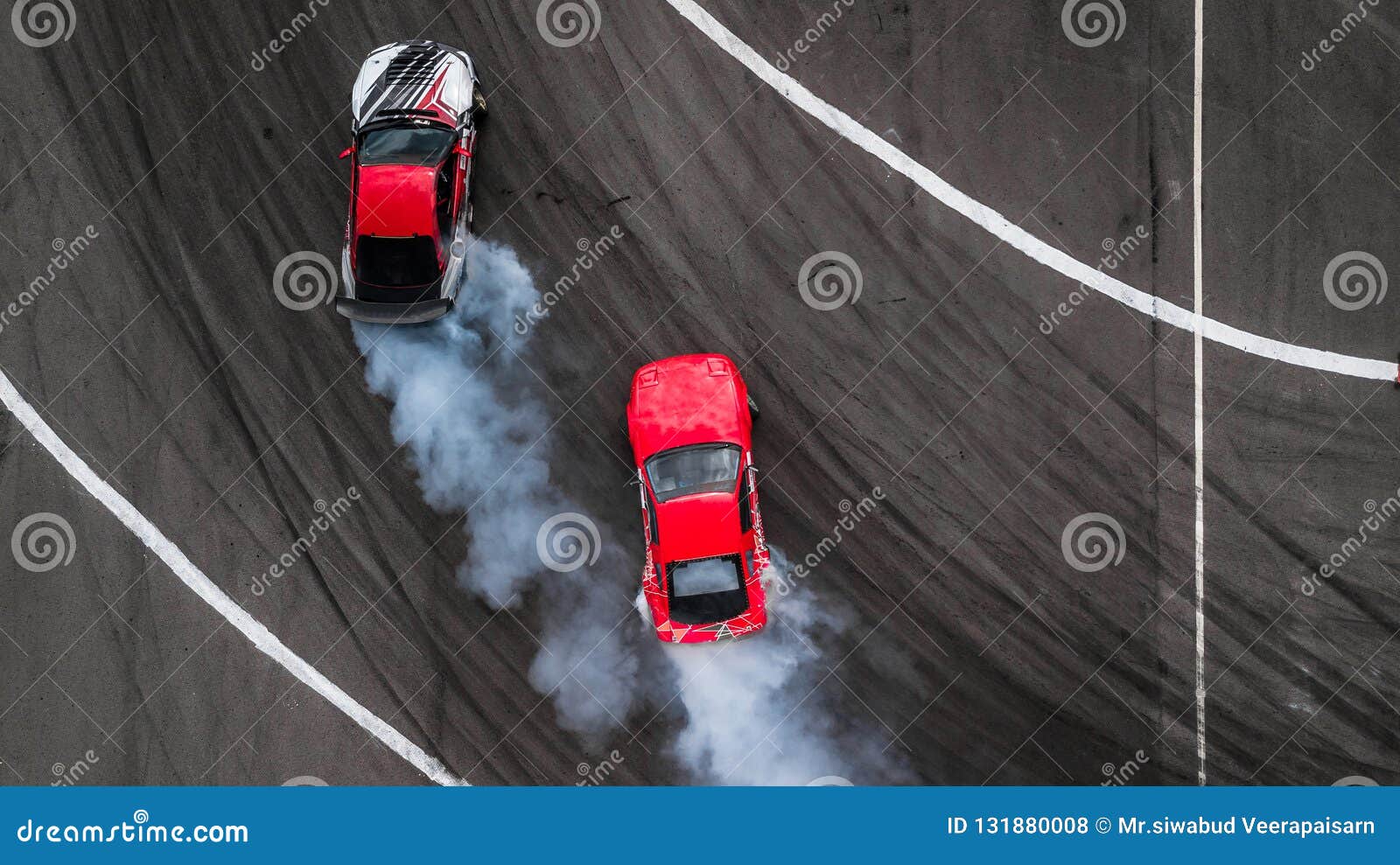 Aerial View Drift Battle, Two Cars Drift Battle on Race Track Wi