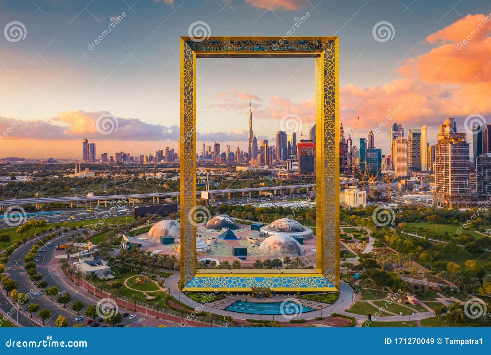 aerial view of dubai frame, downtown skyline, united arab emirates or uae. financial district and business area in smart urban