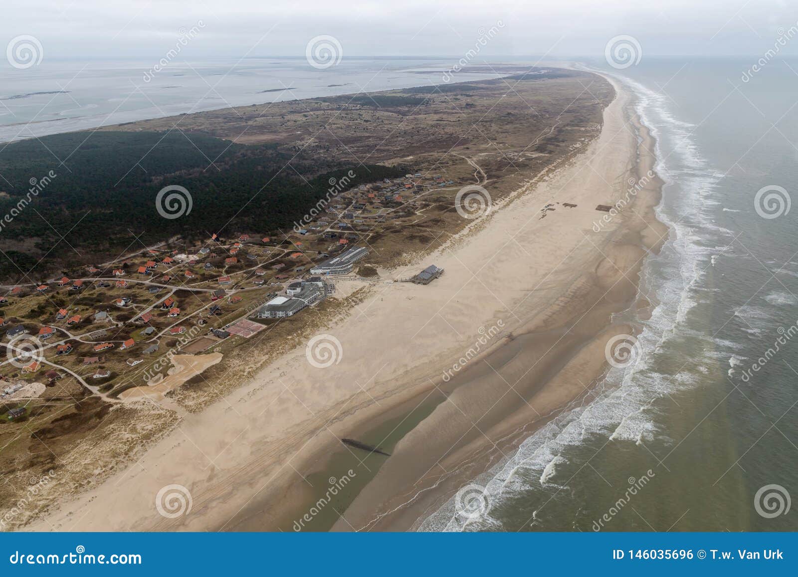 aerial view dutch island vlieland with beach along north sea