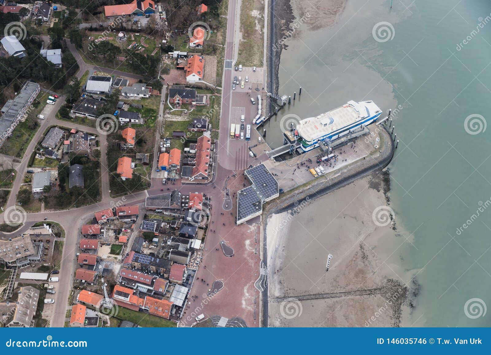 aerial view dutch island vlieland with pier and ferry terminal