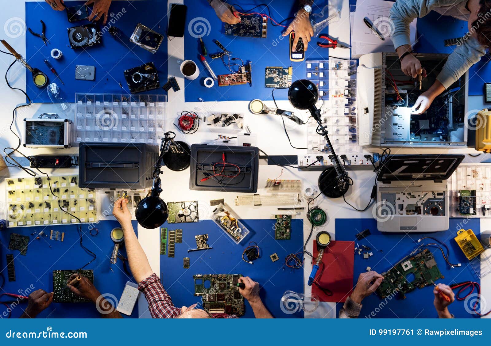 aerial view of electronics technicians team working