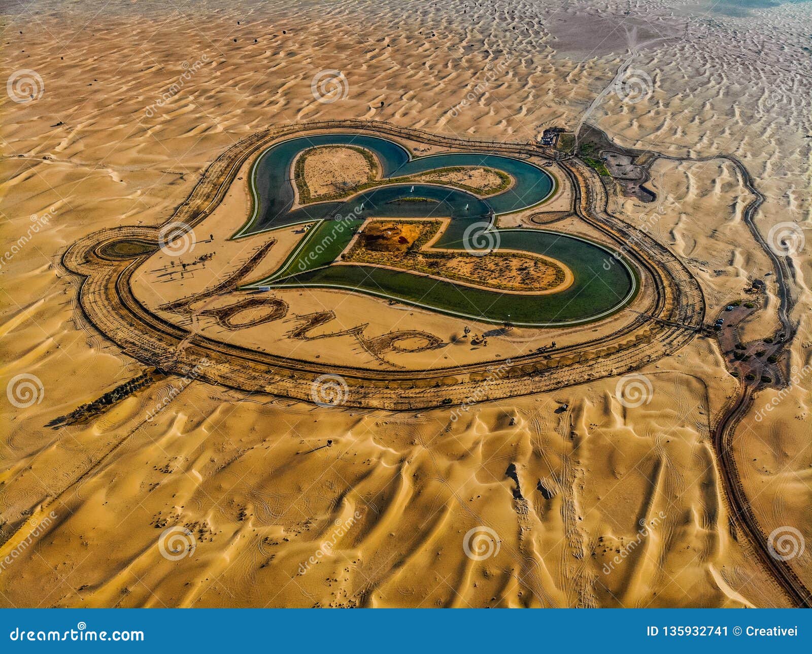 aerial view of entire love lake dubai at al qudra