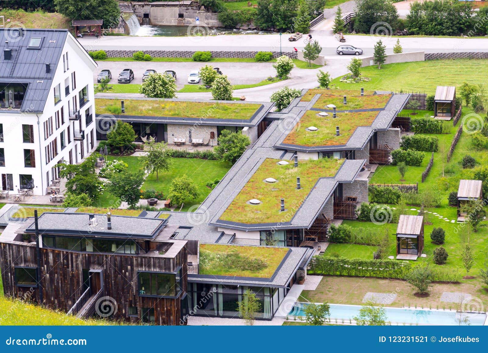 aerial view of extensive green living sod roofs with vegetation