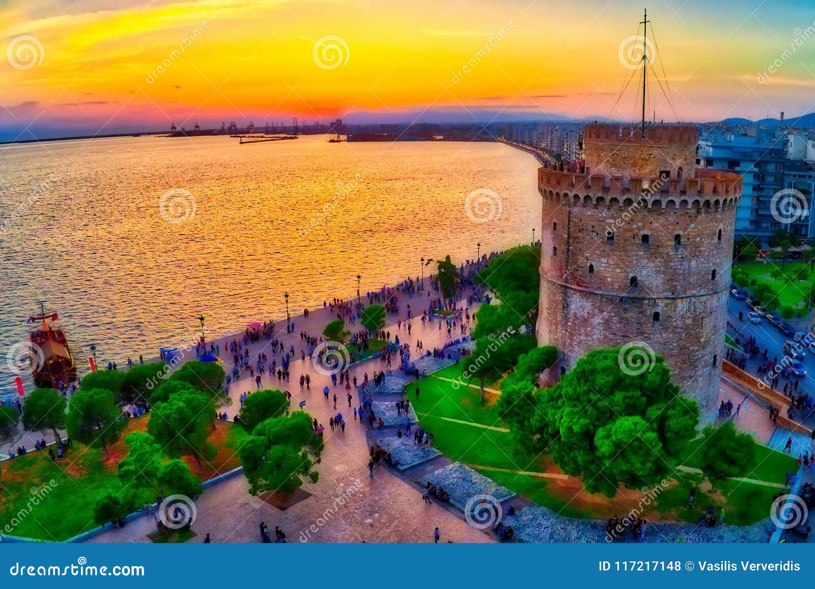 aerial view of famous white tower of thessaloniki at sunset, greece.