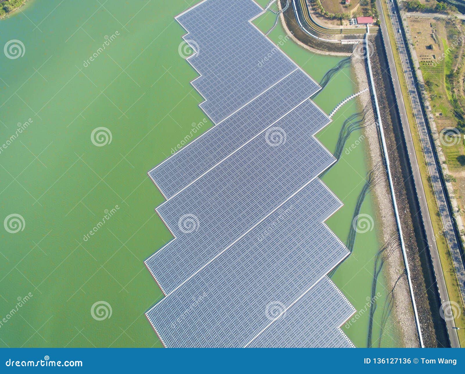 floating solar panels or solar cell platform on the lake