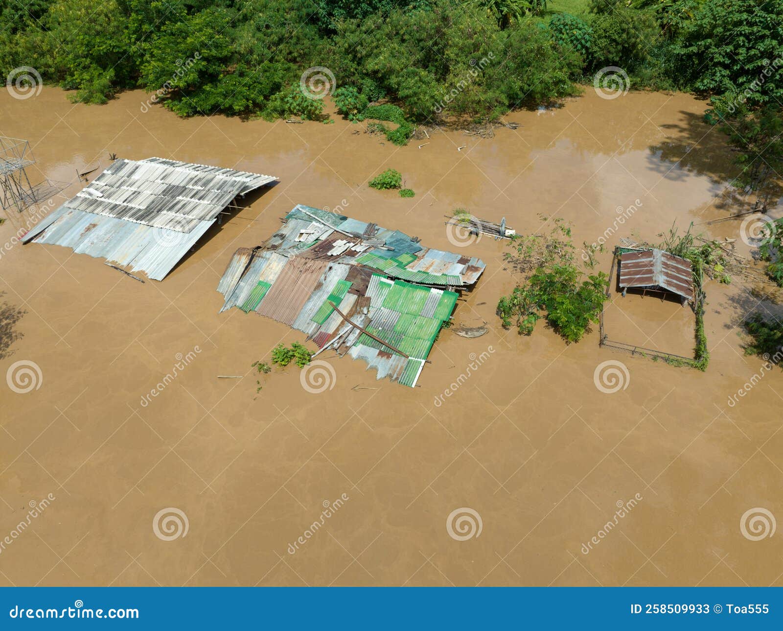 aerial view of a flood in southeast asian due to heavy rains and la nina phenomenon