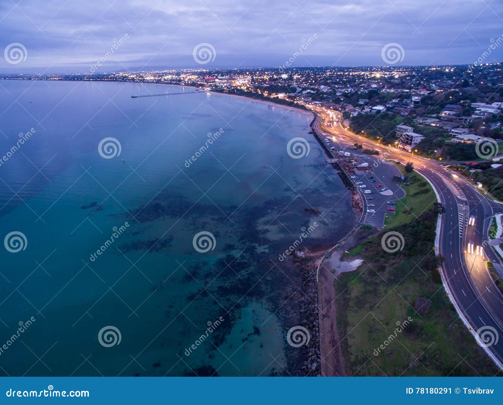 aerial view of frankston foreshore at dusk