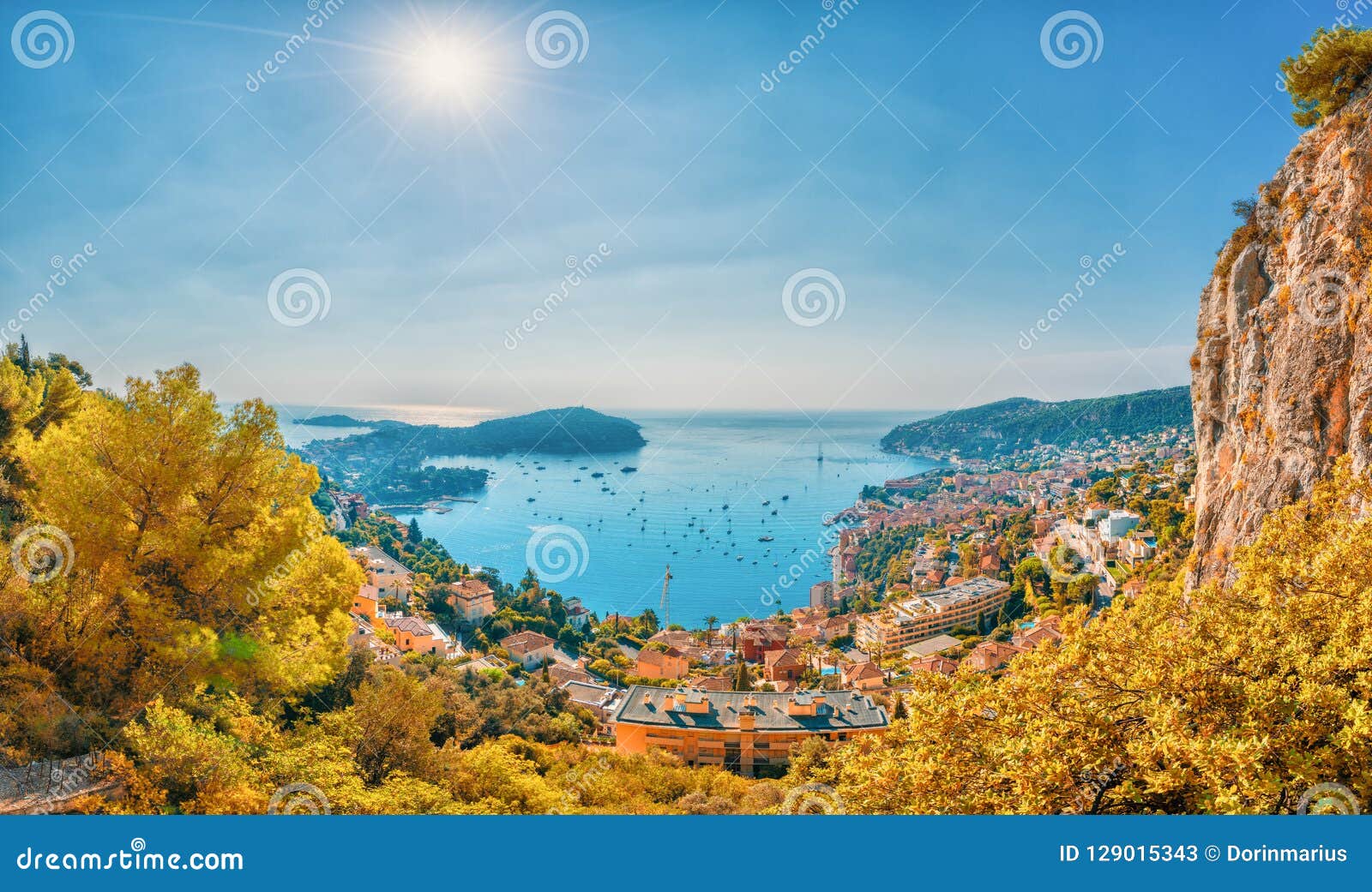 aerial view of french riviera coast with medieval town villefranche sur mer, nice, france