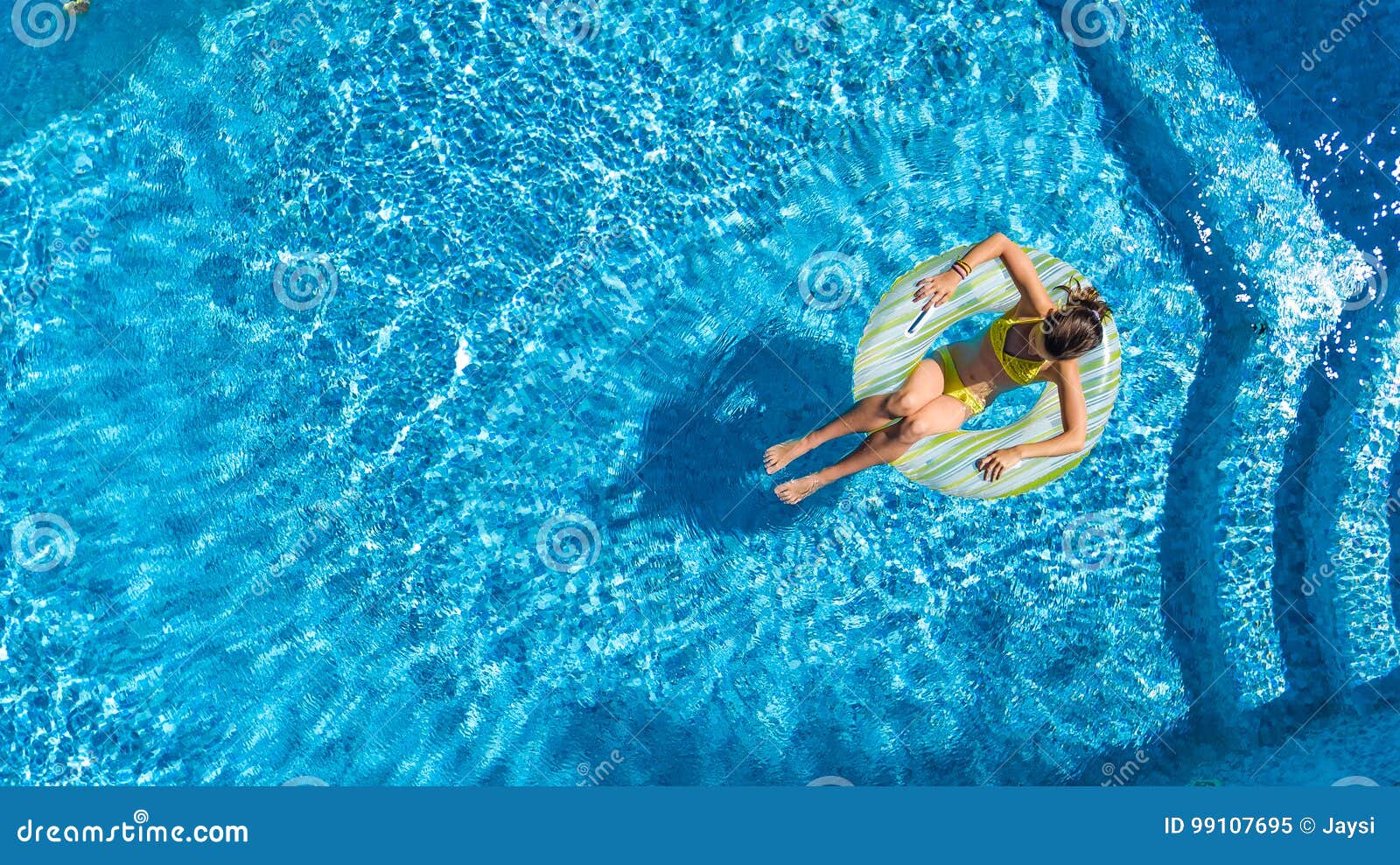 Aerial View of Girl in Swimming Pool from Above, Kid Swim on Inflatable ...