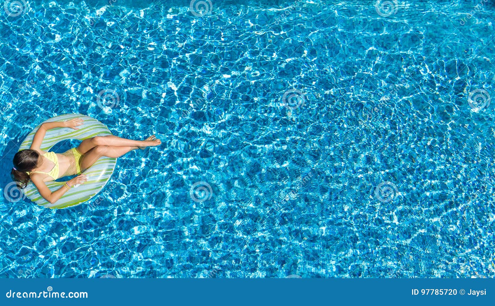 Aerial View of Girl in Swimming Pool from Above, Kid Swim on Inflatable ...