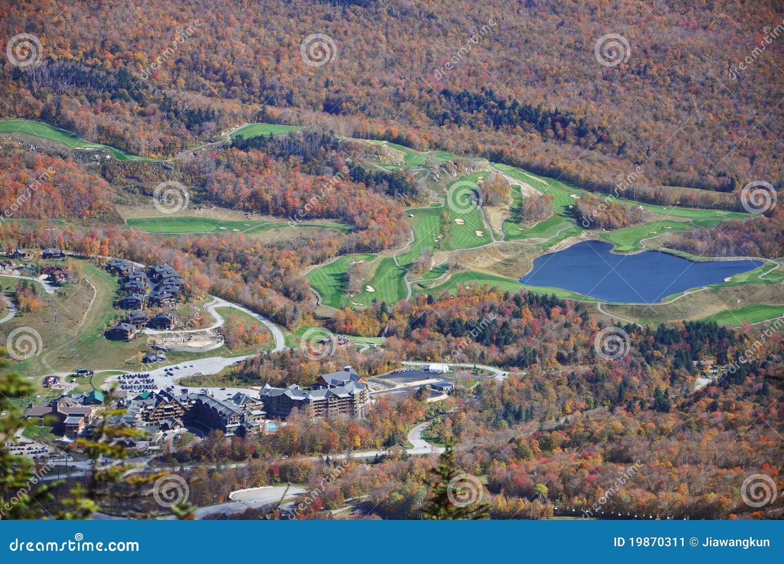 aerial view of golf course and resorts