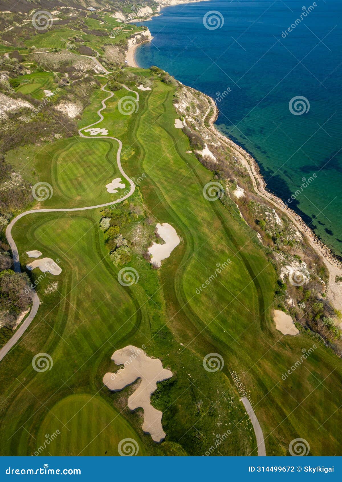 aerial view of golf course by the sea