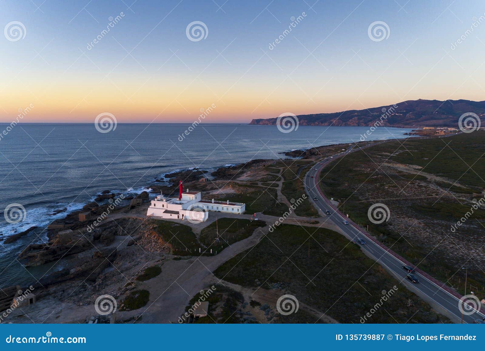 aerial view of the guincho area, with the cabo raso lighthouse, the scenic road along the coast and the roca cape cabo da roca o