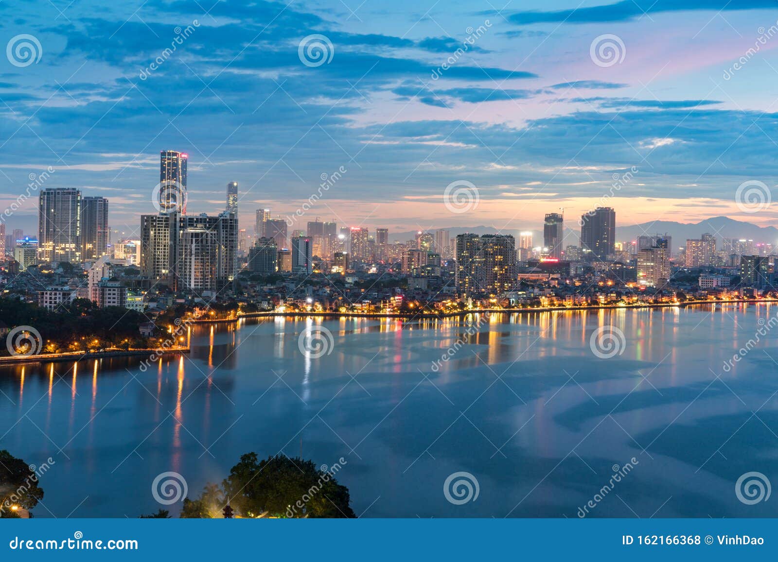 aerial view of hanoi skyline at west lake or ho tay. hanoi cityscape at twilight