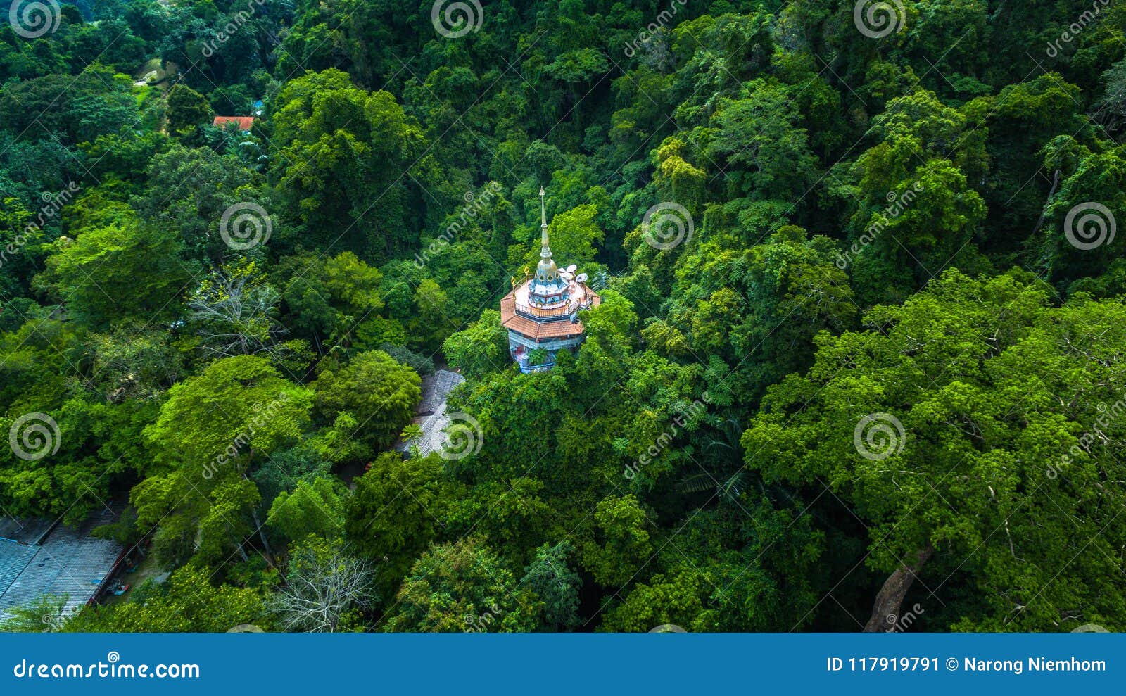aerial view the high pagoda on the mountain tapon cave