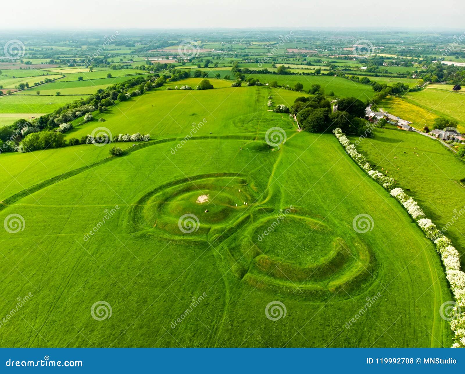 aerial view of the hill of tara, an archaeological complex, containing a number of ancient monuments, county meath, ireland