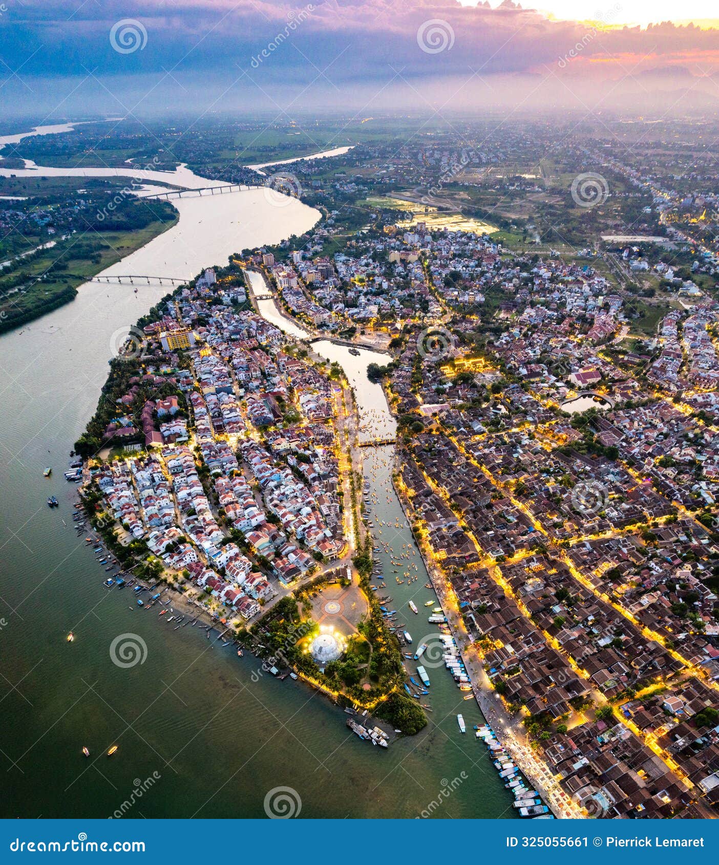 aerial view of hoi an ancient town with lantern boats on hoai river, in hoi an, vietnam