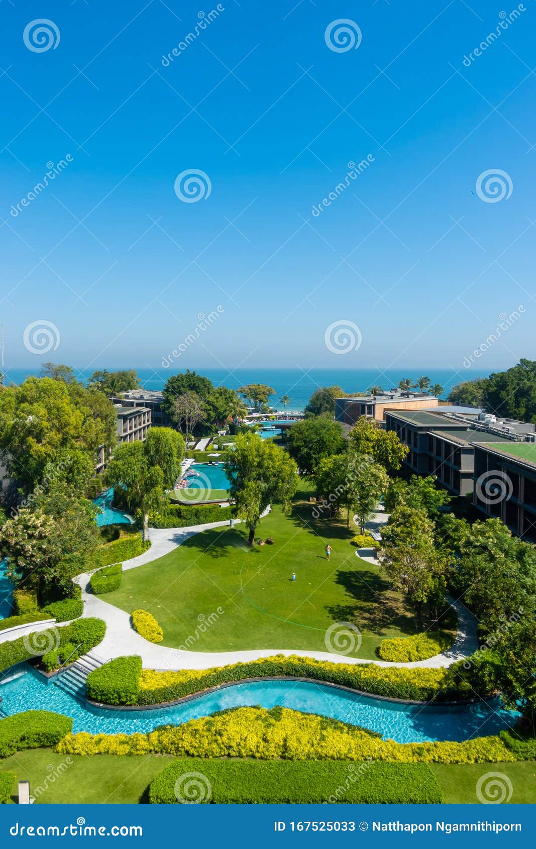 Aerial‎ View of Hua Hin Ocean Sea with Park and Garden in Aerial‎ View of Hua Hin Ocean Sea with Park and Garden in