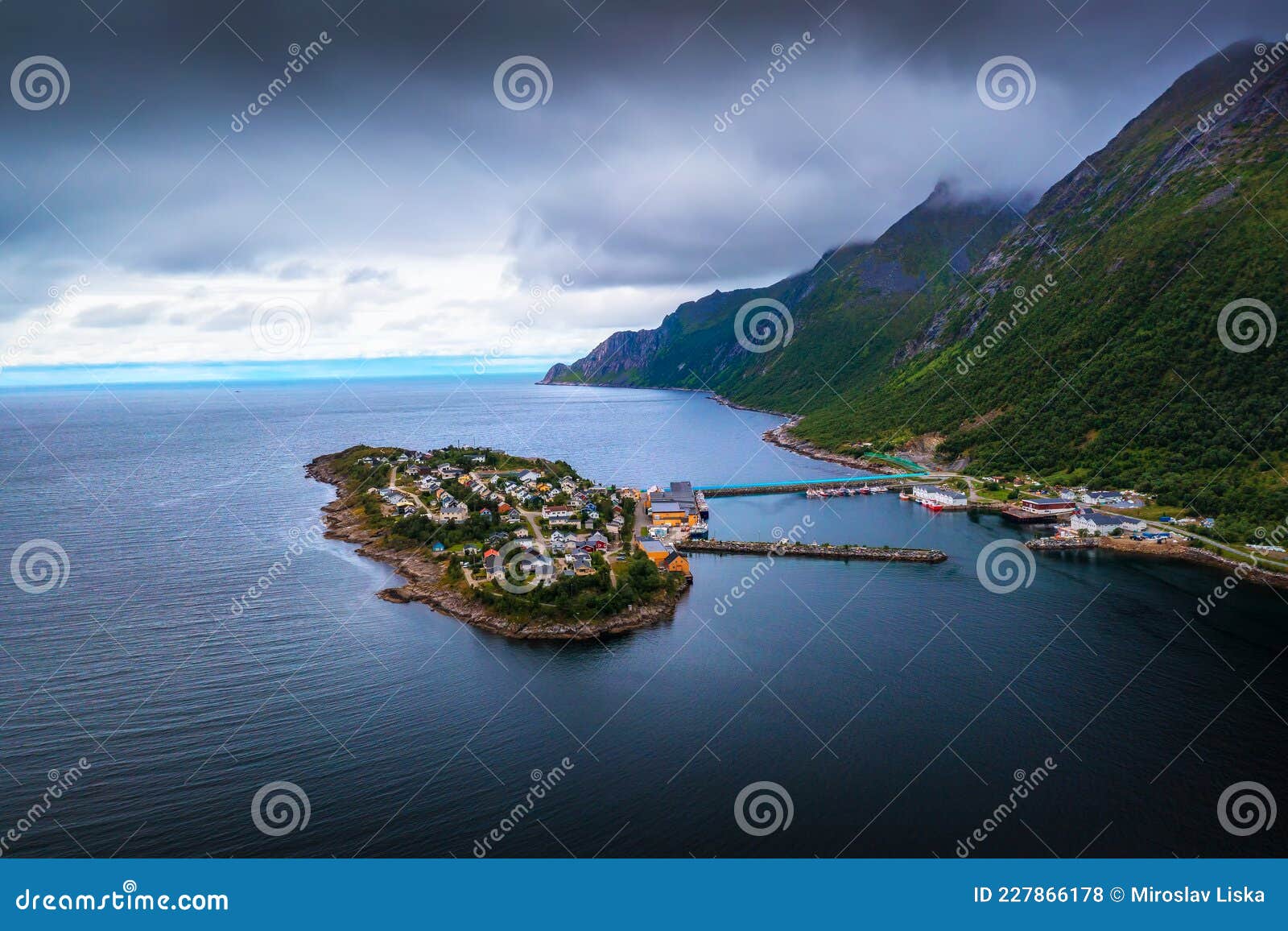 aerial view of the husoy fishing village on the senja island, norway