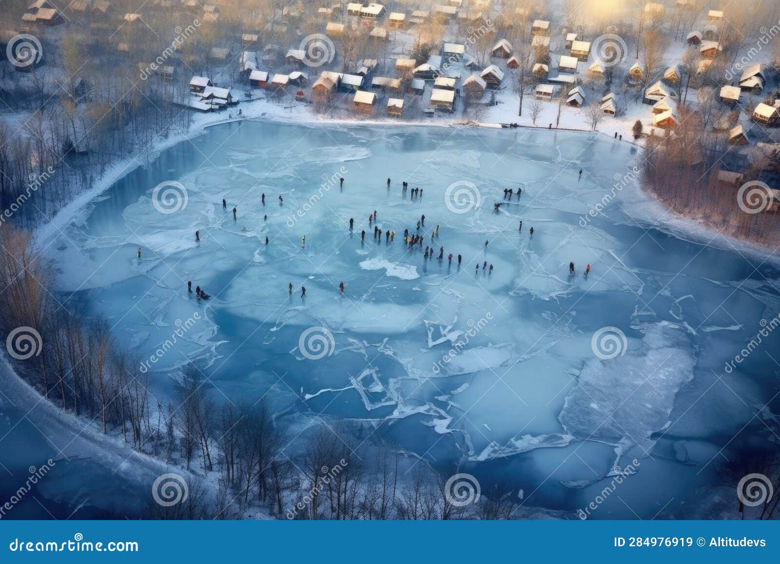 aerial view of ice skaters tracks on frozen lake