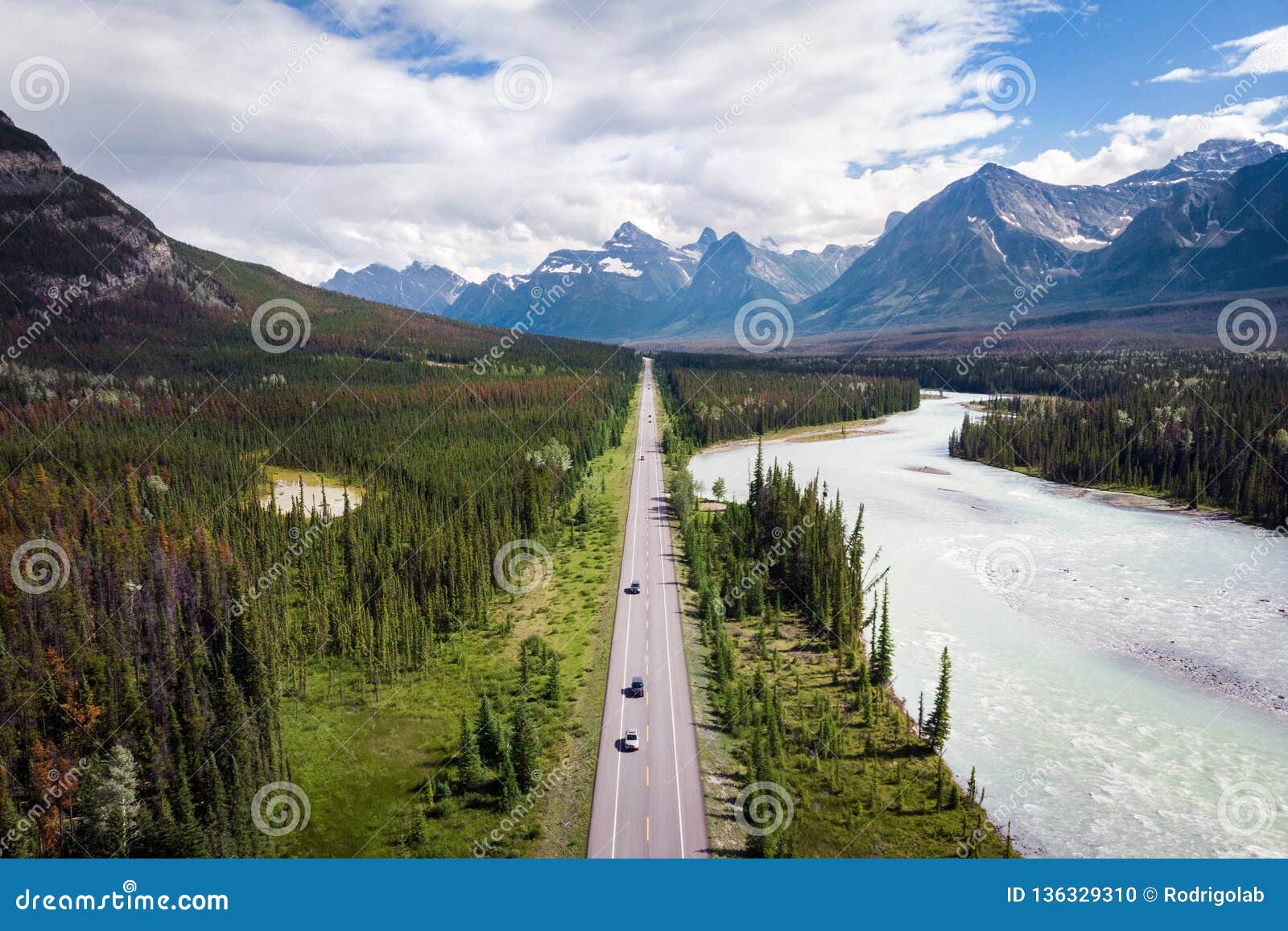 aerial view of icefields parkway route between banff and jasper in alberta, canada