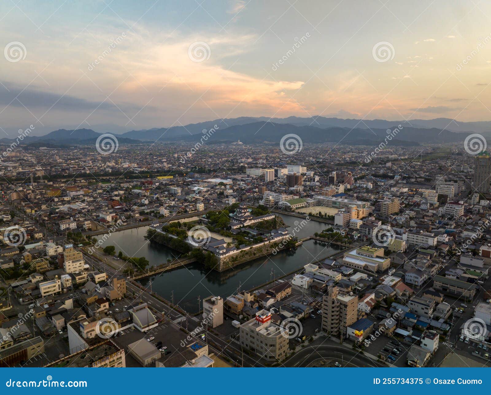 aerial view of imabari castle and city landscape at dawn